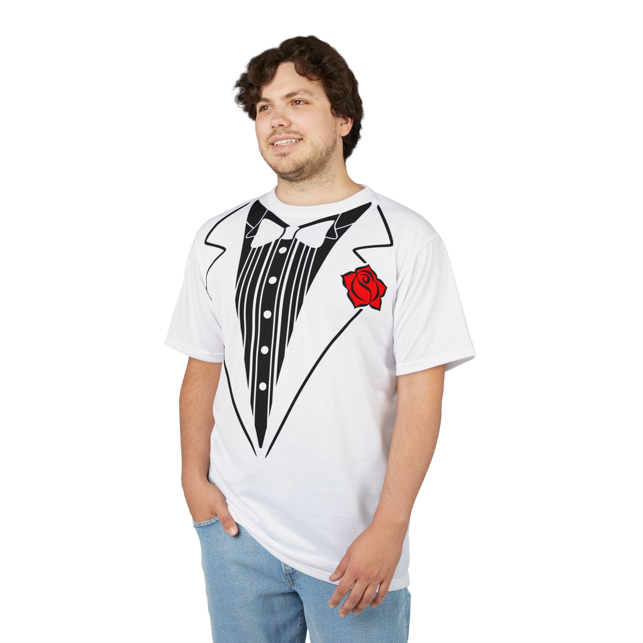 "All-Over Print" White Tux T-Shirt