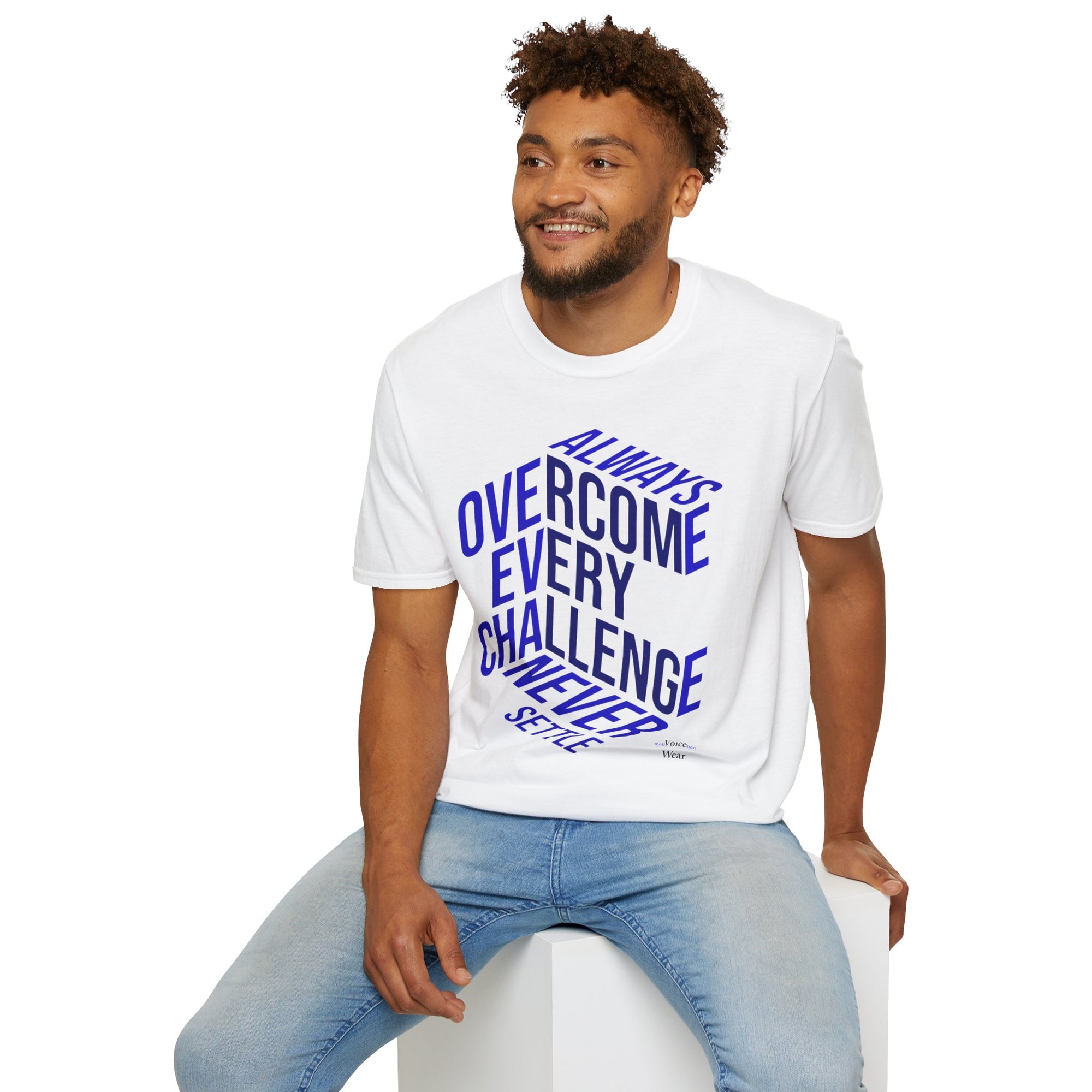"Overcome Every Challenge (Blue)" - "moti-Voice-tion Wear" T-Shirt