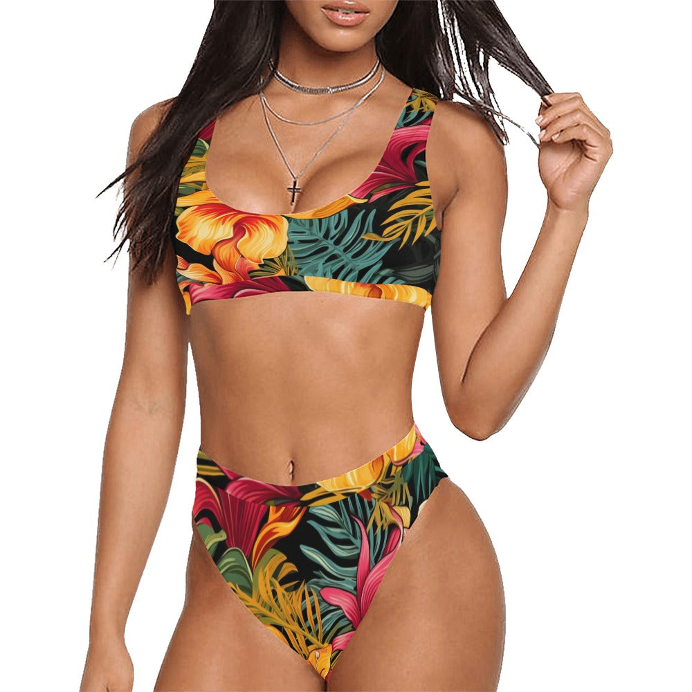 Women's Tropical Sport Bra/Bikini Set Sport Top & High-Waisted Bikini Swimsuit (Model S07)