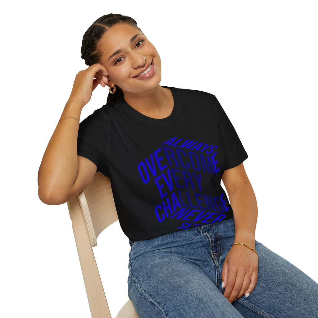 "Overcome Every Challenge (Blue)" - "moti-Voice-tion Wear" T-Shirt